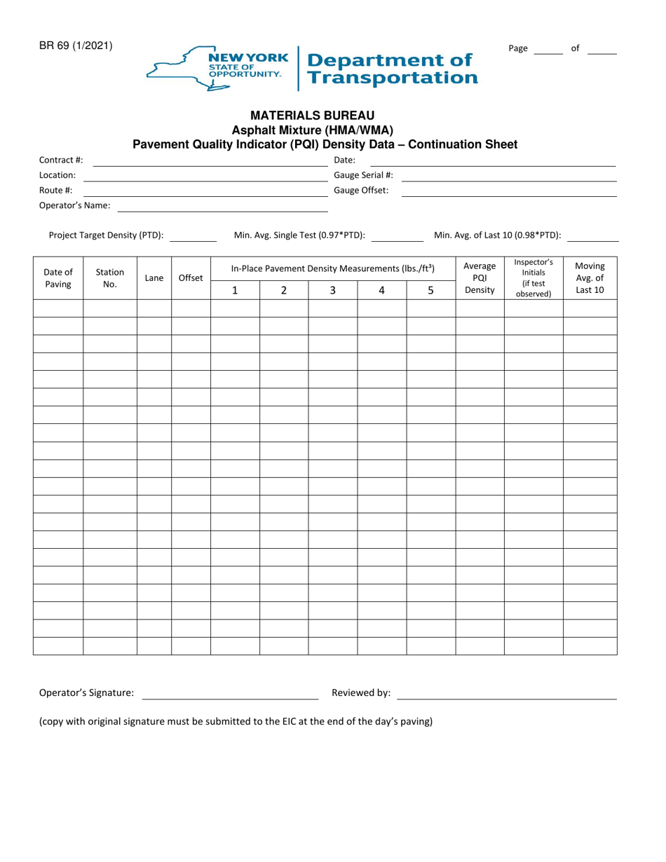 Form BR69 Asphalt Mixture (Hma / Wma) Pavement Quality Indicator (Pqi) Density Data - Continuation Sheet - New York, Page 1