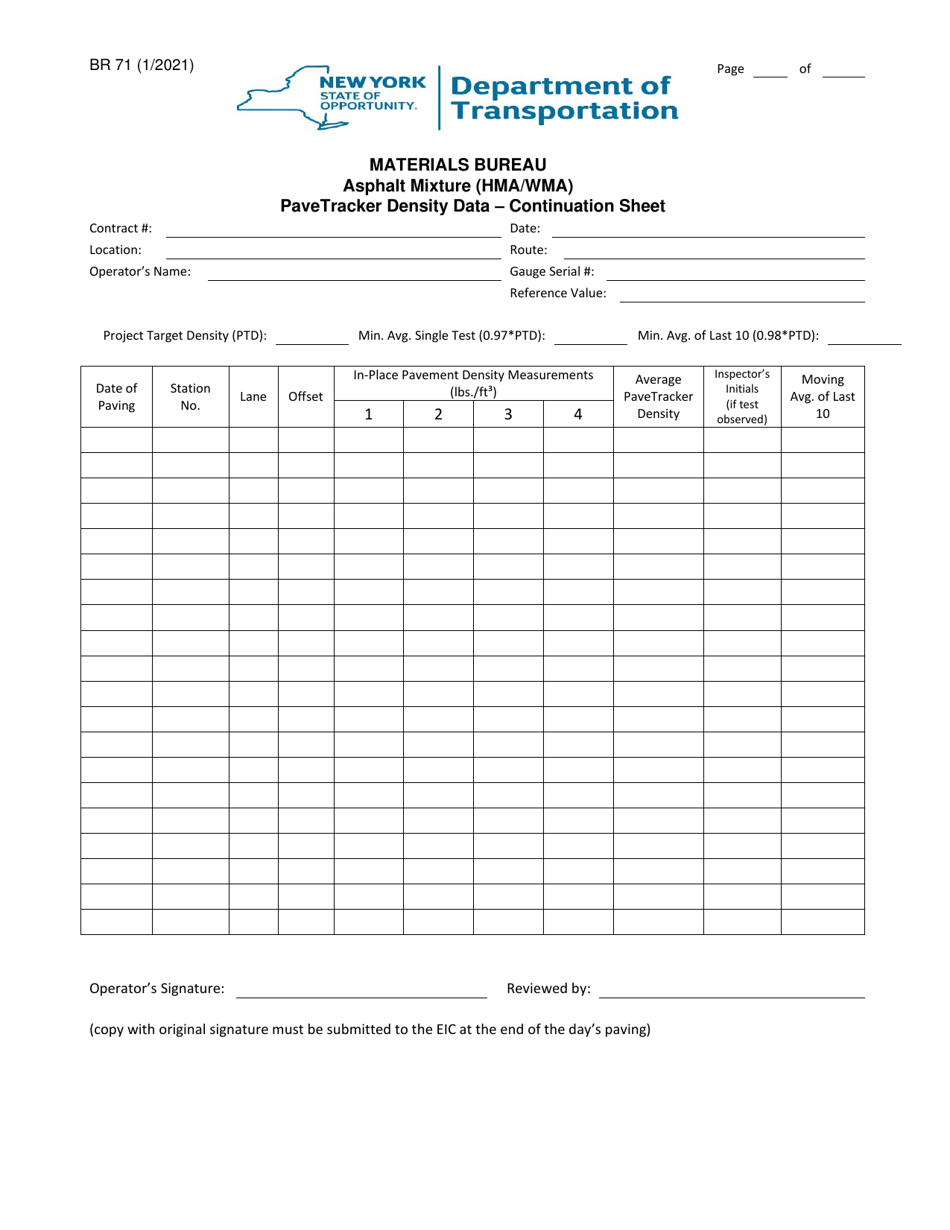 Form BR71 Asphalt Mixture (Hma / Wma) Pavetracker Density Data - Continuation Sheet - New York, Page 1