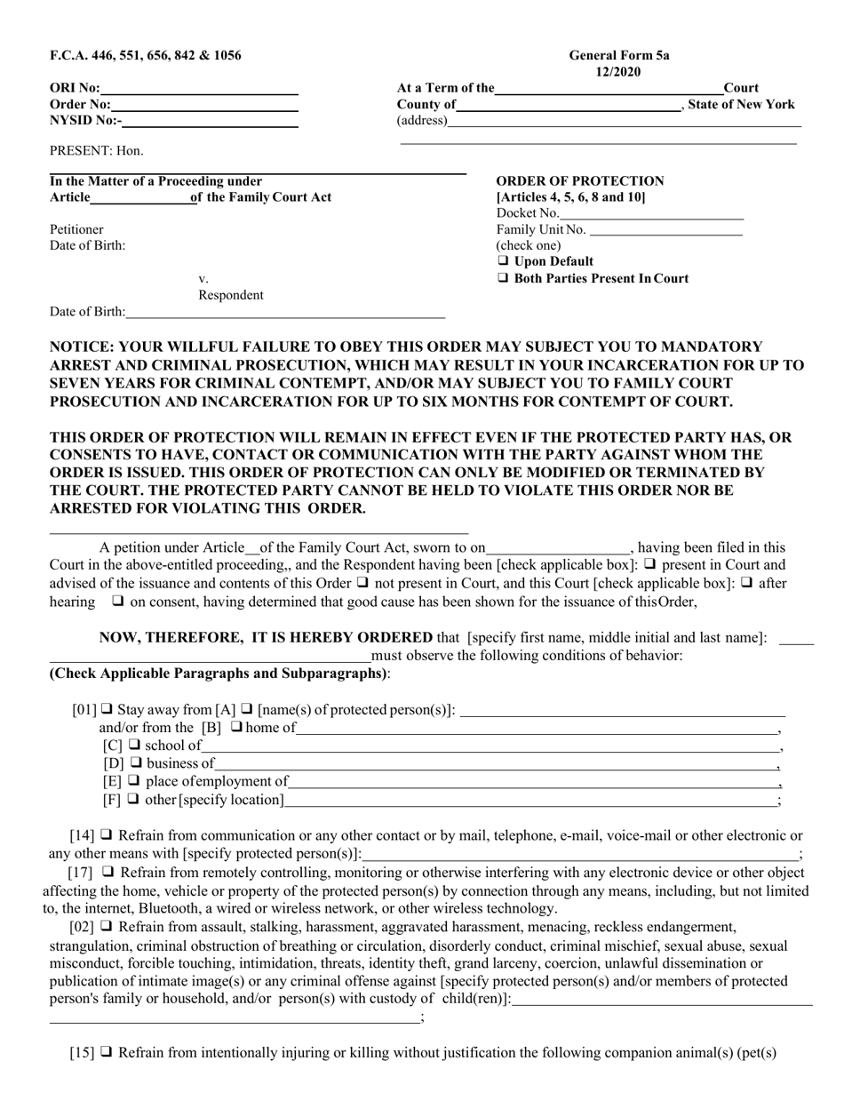 Form GF-5A Order of Protection - New York, Page 1