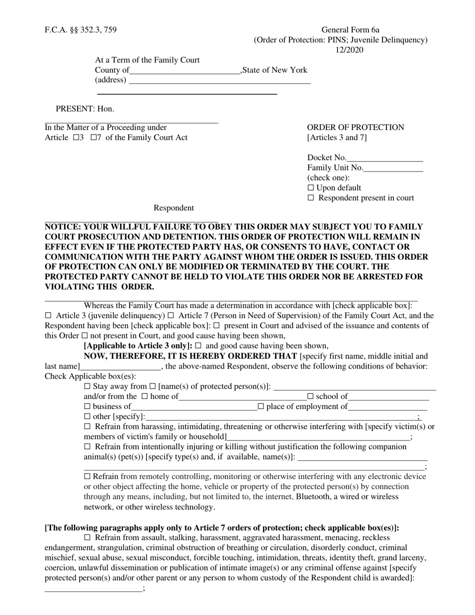 Form GF-6A Order of Protection - New York, Page 1