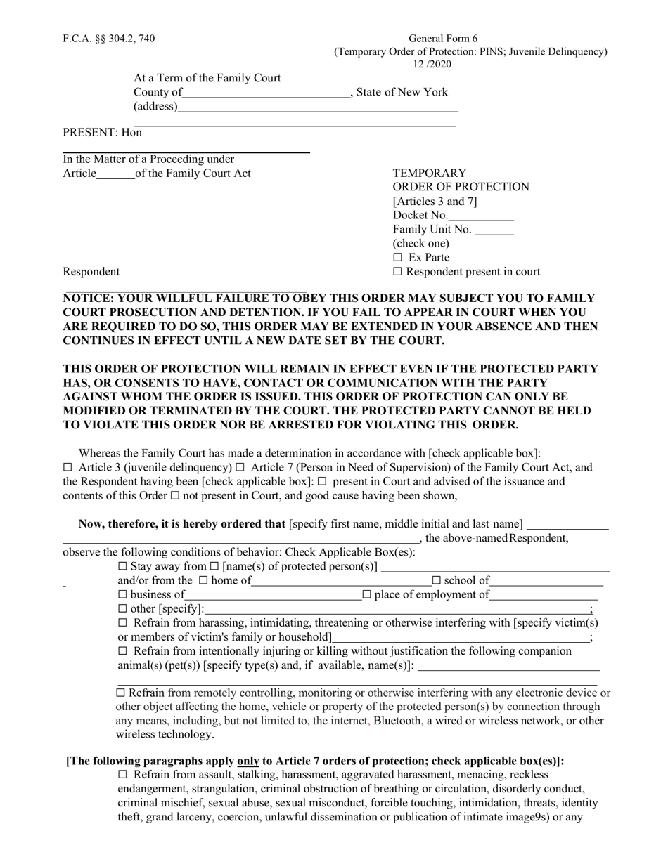 Form GF-6 Temporary Order of Protection (Person in Need of Supervision or Juvenile Delinquency) - New York, Page 1