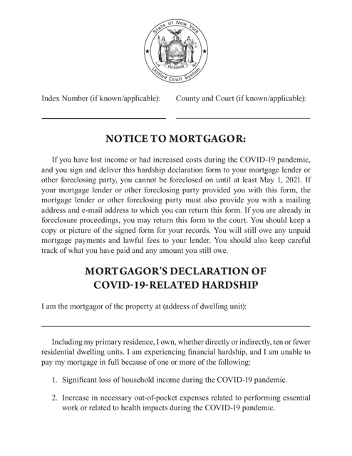 Mortgagor's Declaration of Covid-19-related Hardship - New York Download Pdf