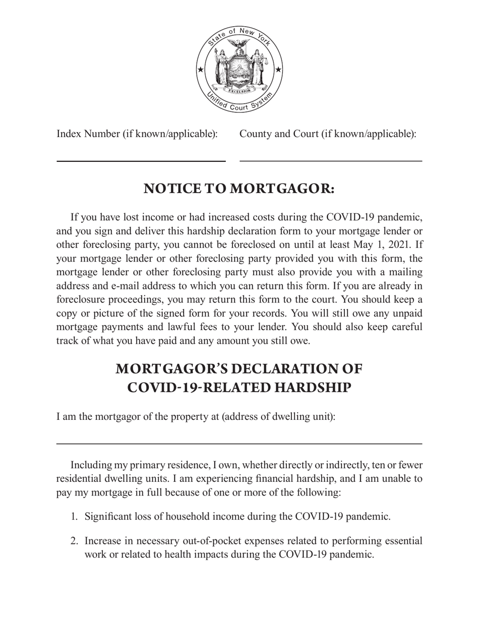 Mortgagors Declaration of Covid-19-related Hardship - New York, Page 1