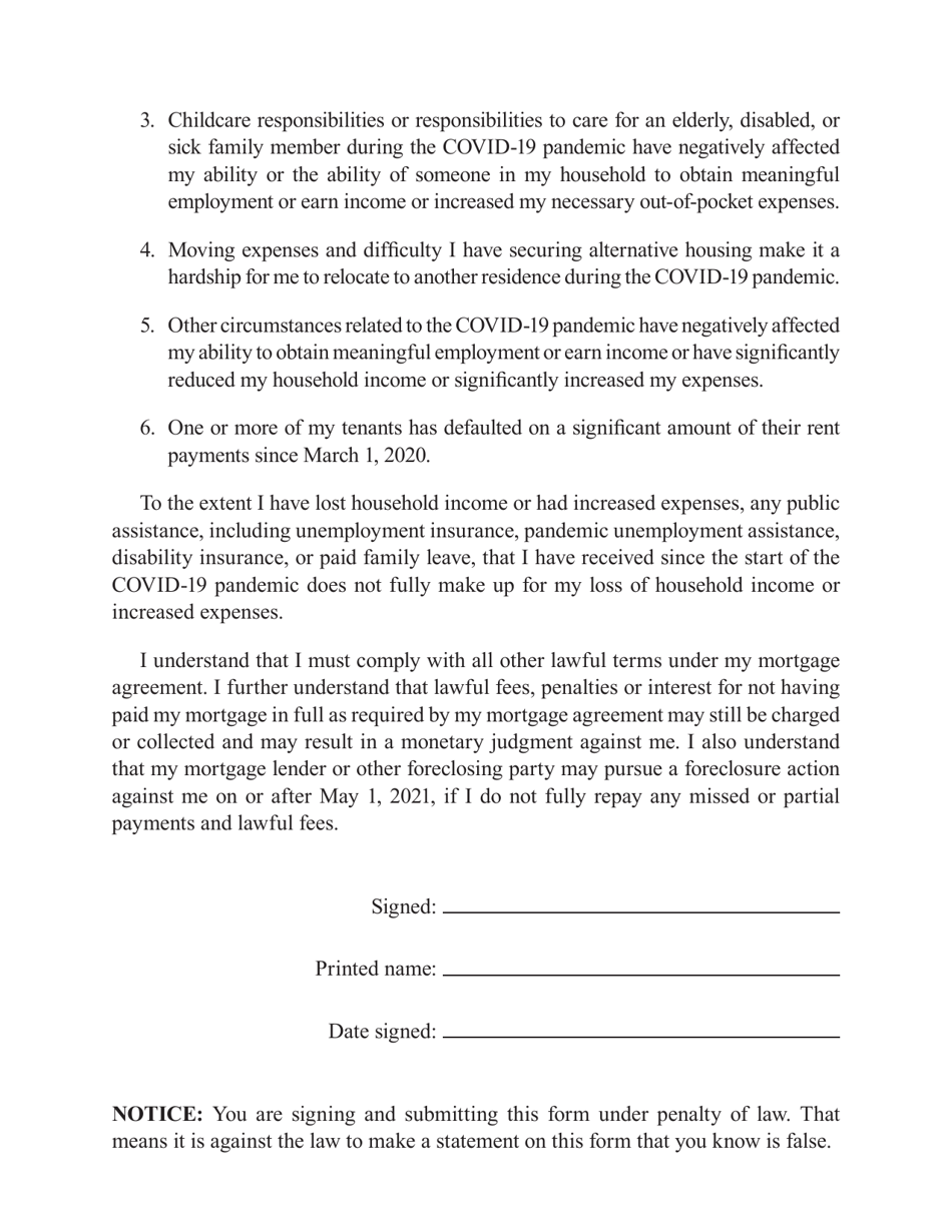 Mortgagors Declaration of Covid-19-related Hardship - New York, Page 2