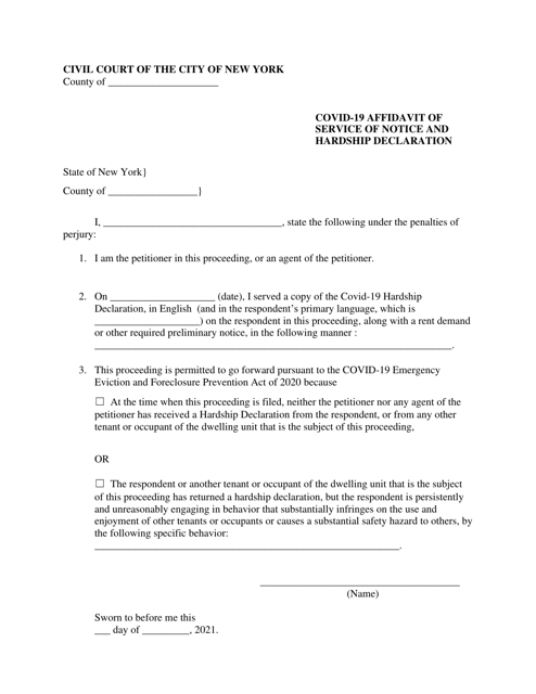 Covid-19 Affidavit of Service of Notice and Hardship Declaration - New York City