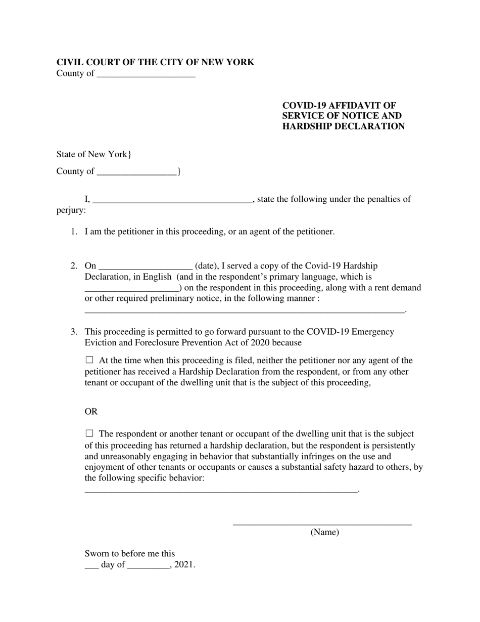 Covid-19 Affidavit of Service of Notice and Hardship Declaration - New York City, Page 1