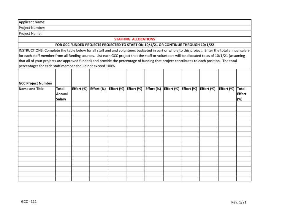 Form GCC-111 Staffing Allocations for Gcc Funded Projects - North Carolina, Page 1