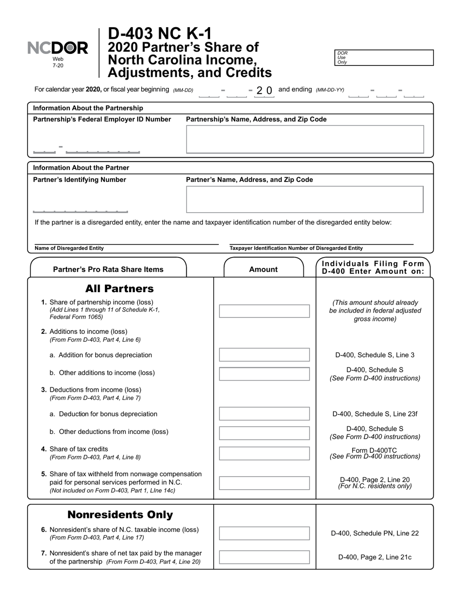 Form D-403 NC K-1 Partners Share of North Carolina Income, Adjustments, and Credits - North Carolina, Page 2