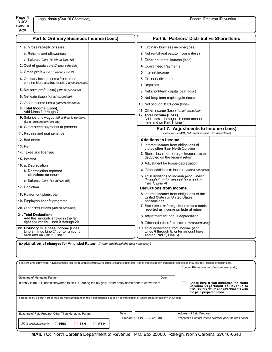 Form D-403 Partnership Income Tax Return - North Carolina, Page 5