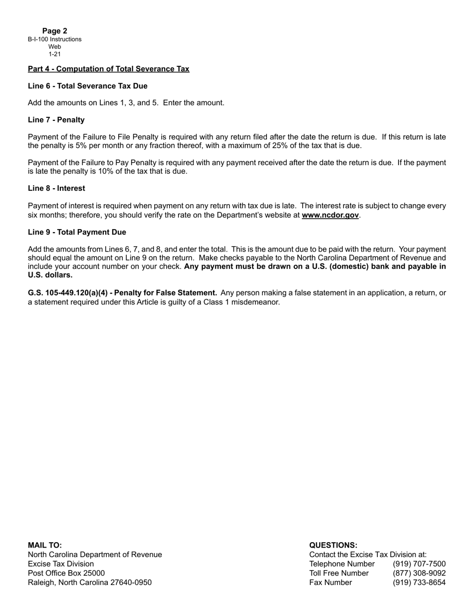 Instructions for Form B-I-100 Severance Tax on Energy Minerals Return - North Carolina, Page 2