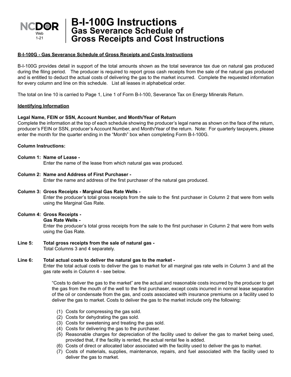 Instructions for Form B-I-100G Gas Severance Schedule of Gross Receipts and Costs - North Carolina, Page 1