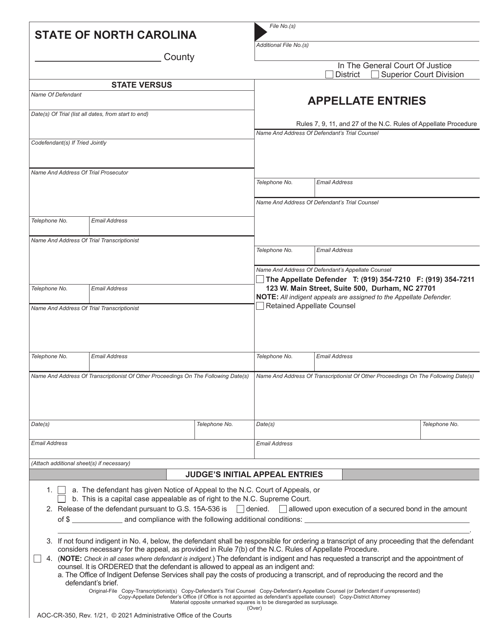 Form AOC-CR-350 Appellate Entries - North Carolina