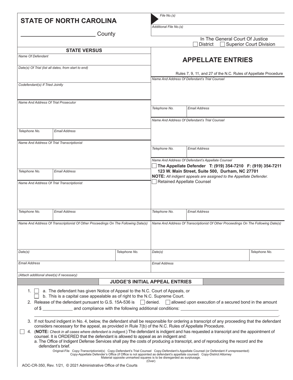 Form AOC-CR-350 Appellate Entries - North Carolina, Page 1