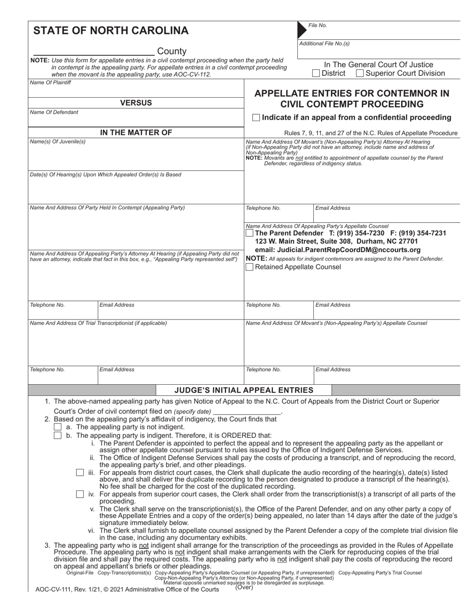 Form AOC-CV-111 Appellate Entries for Contemnor in Civil Contempt Proceeding - North Carolina, Page 1