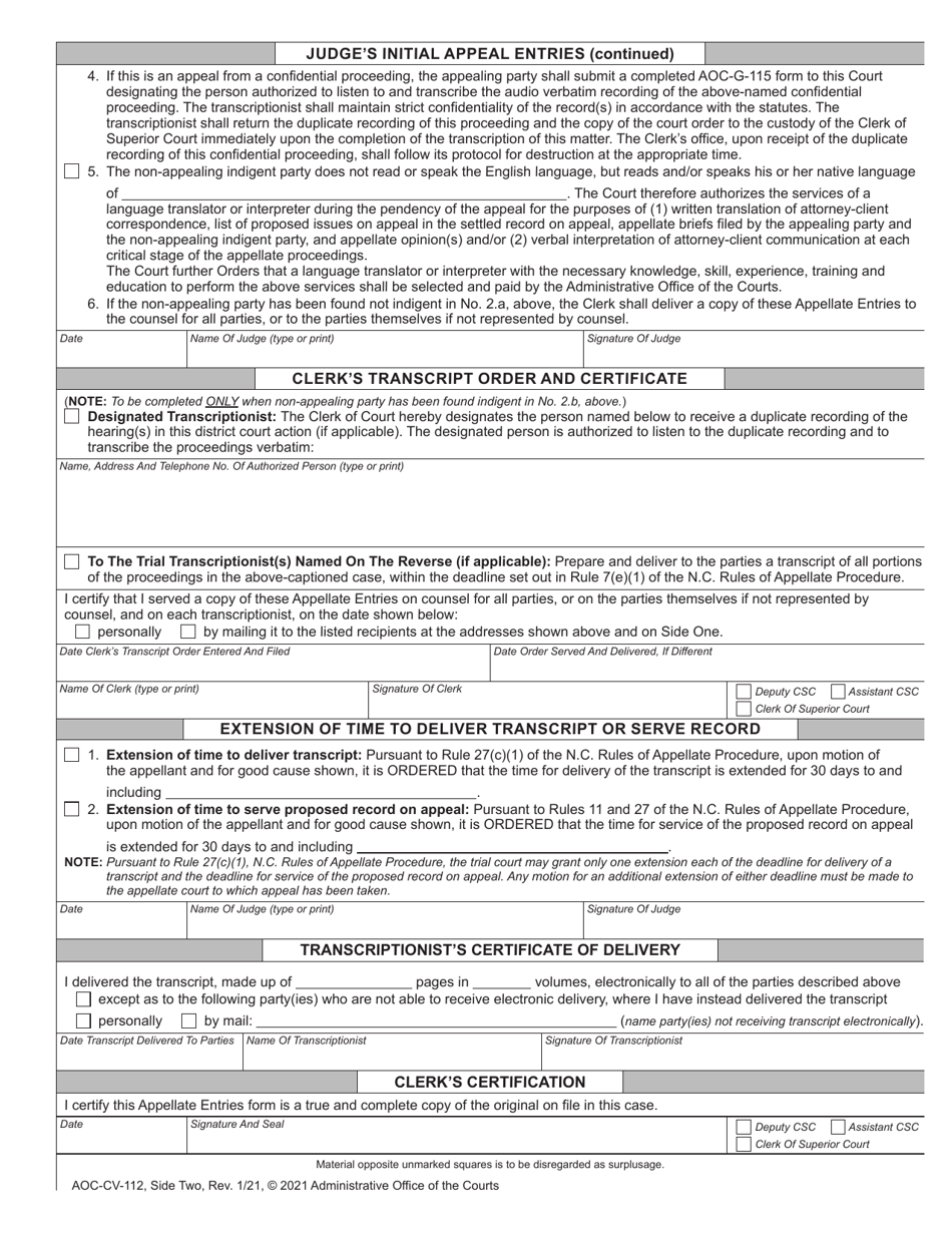 Form AOC-CV-112 Appellate Entries for When Movant Appeals Civil Contempt Proceeding - North Carolina, Page 2
