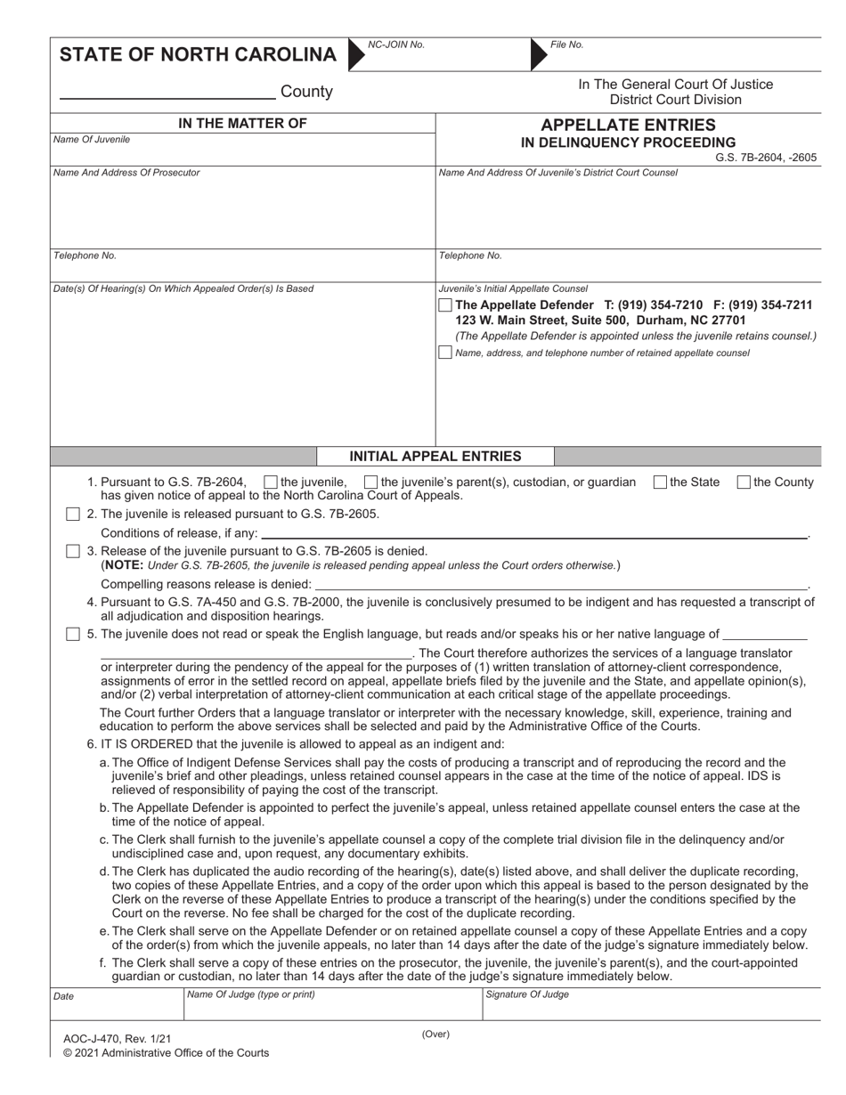 Form AOC-J-470 Appellate Entries in Delinquency Proceeding - North Carolina, Page 1