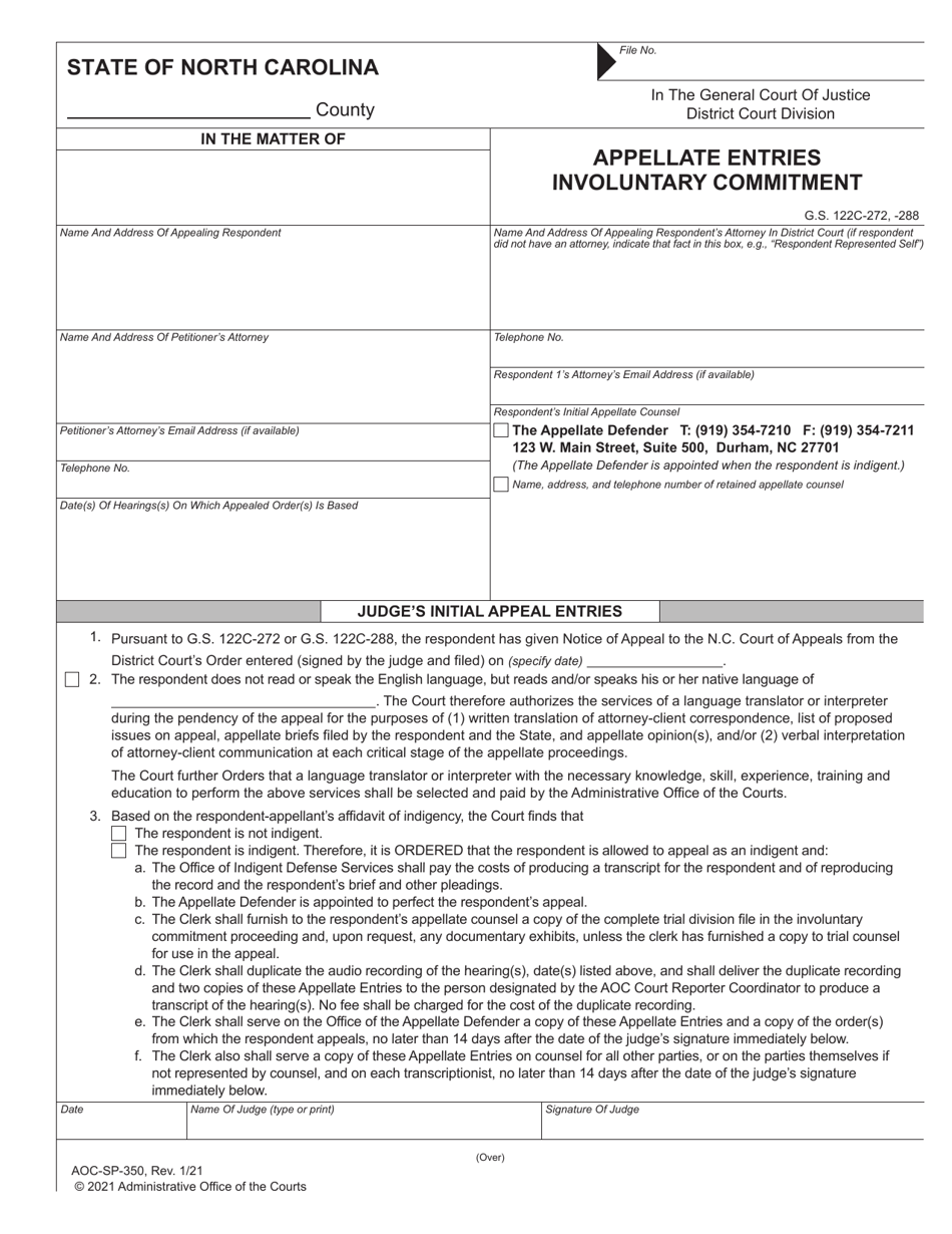 Form AOC-SP-350 Appellate Entries Involuntary Commitment - North Carolina, Page 1