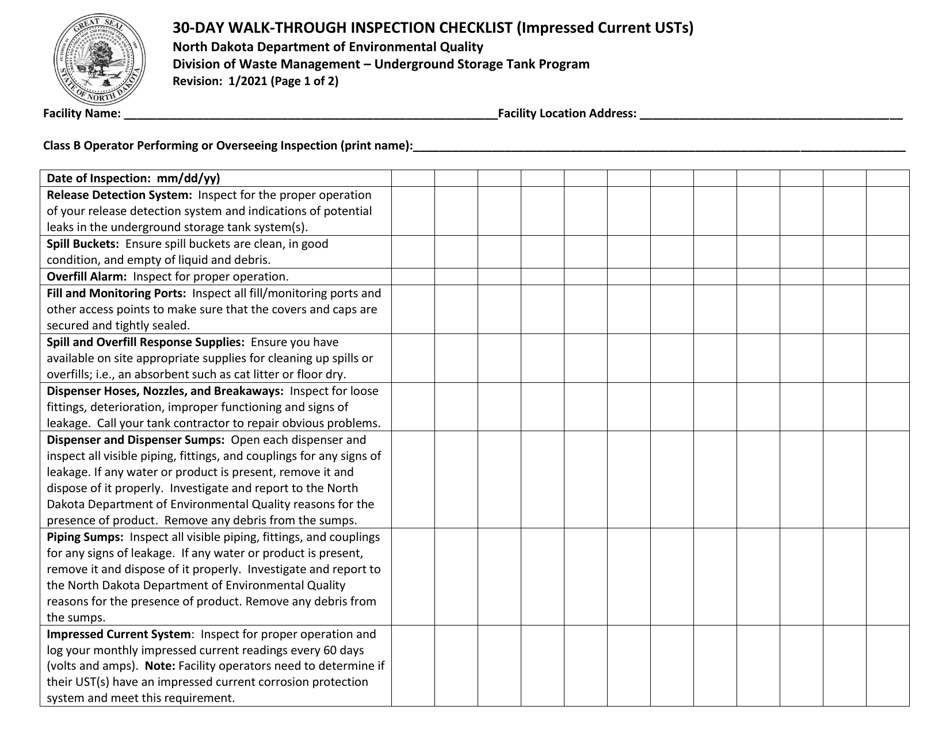 30-day Walk-Through Inspection Checklist (Impressed Current Usts) - North Dakota, Page 1