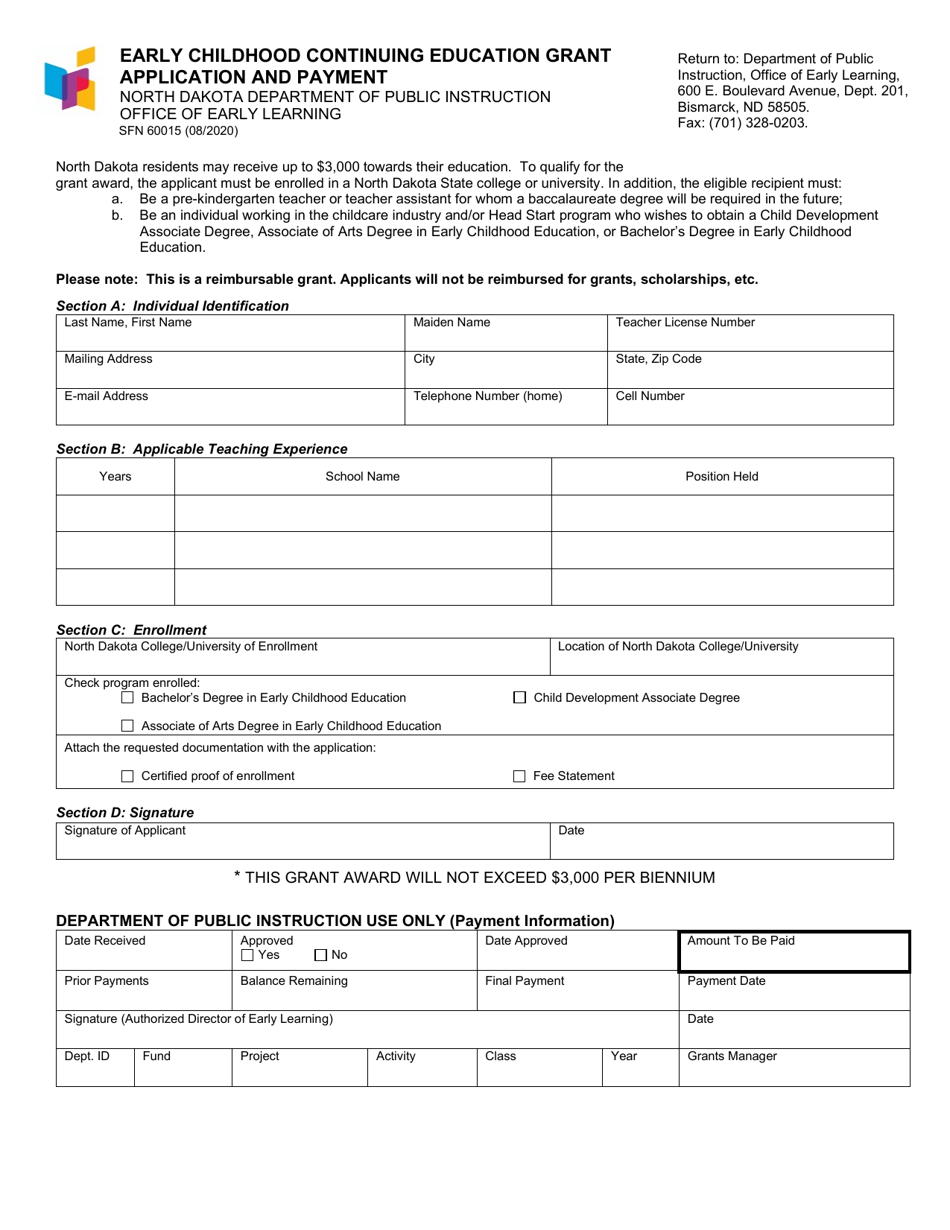 Form SFN60015 Early Childhood Continuing Education Grant Application and Payment - North Dakota, Page 1