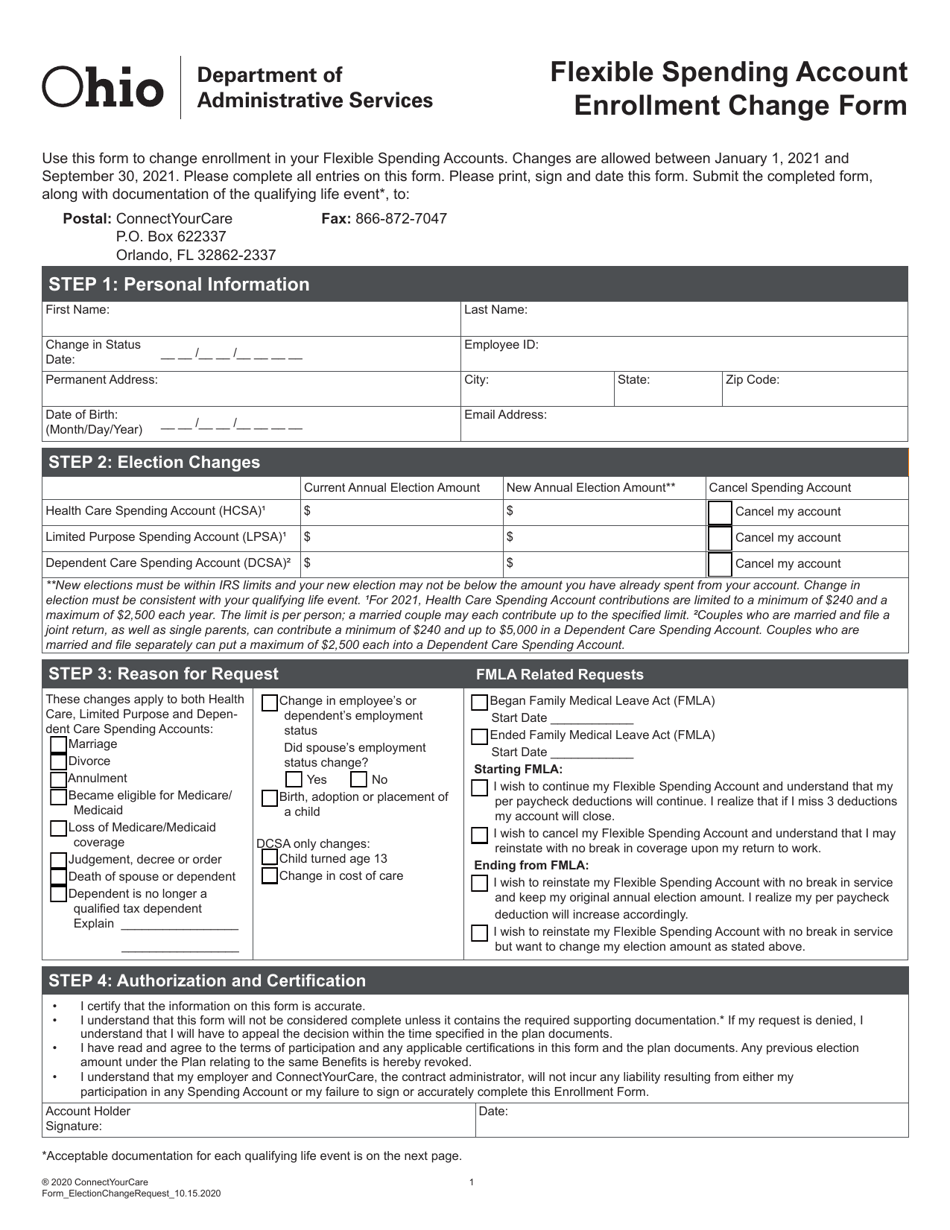 Flexible Spending Account Enrollment Change Form - Ohio, Page 1