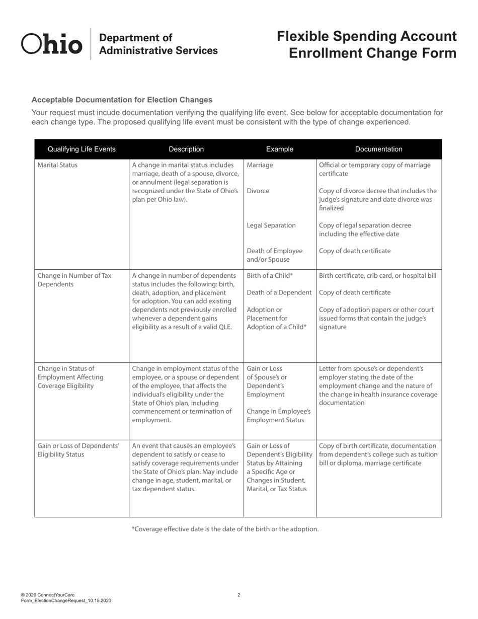 Flexible Spending Account Enrollment Change Form - Ohio, Page 2