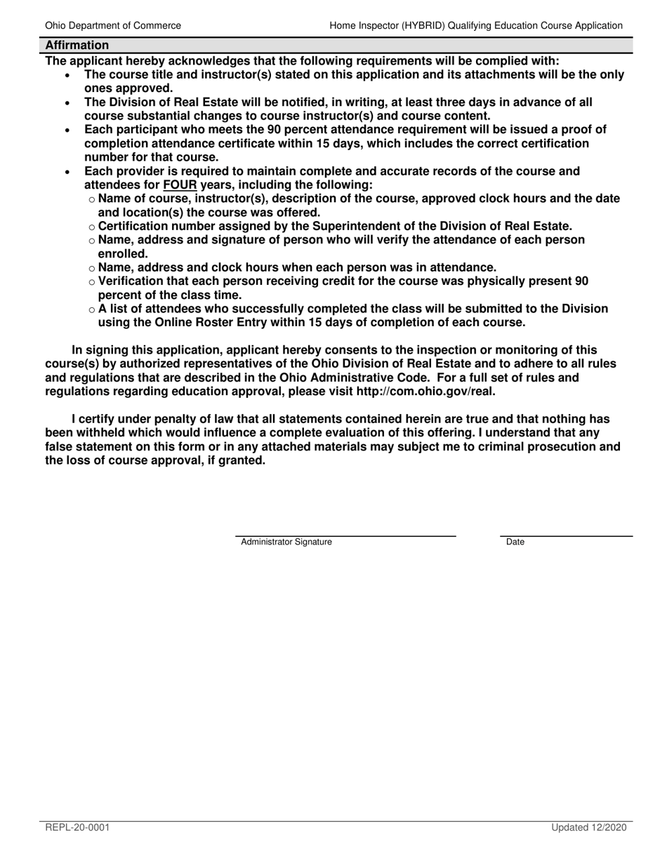 Form REPL-20-0001 Home Inspector (Hybrid) Qualifying Education Hybrid Application - Ohio, Page 3