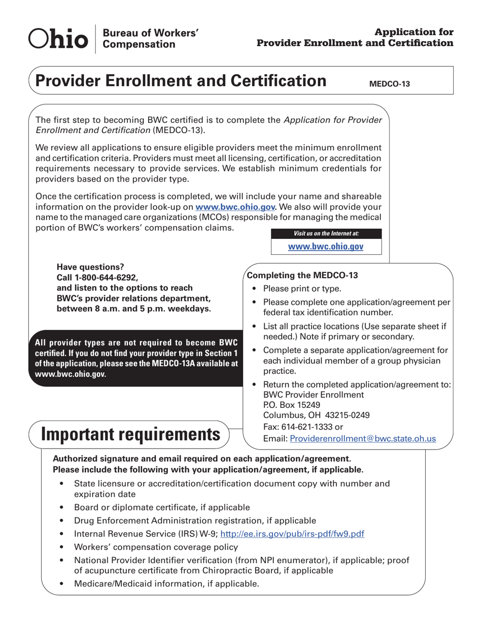Form MEDCO-13 (BWC-3913) Application for Provider Enrollment and Certification - Ohio, Page 1