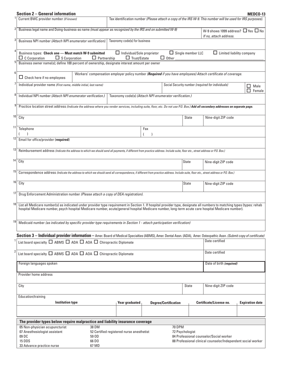 Form MEDCO-13 (BWC-3913) Application for Provider Enrollment and Certification - Ohio, Page 3