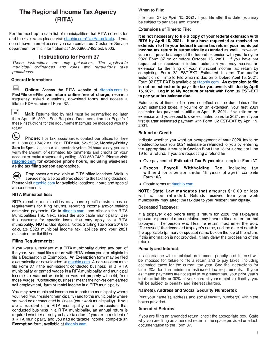Download Instructions for Form 37 Rita Individual Tax Return PDF