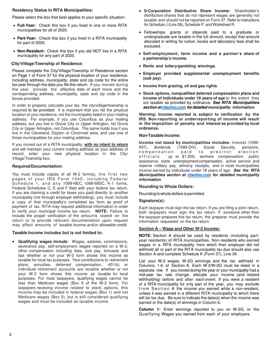 Download Instructions for Form 37 Rita Individual Tax Return PDF Templateroller