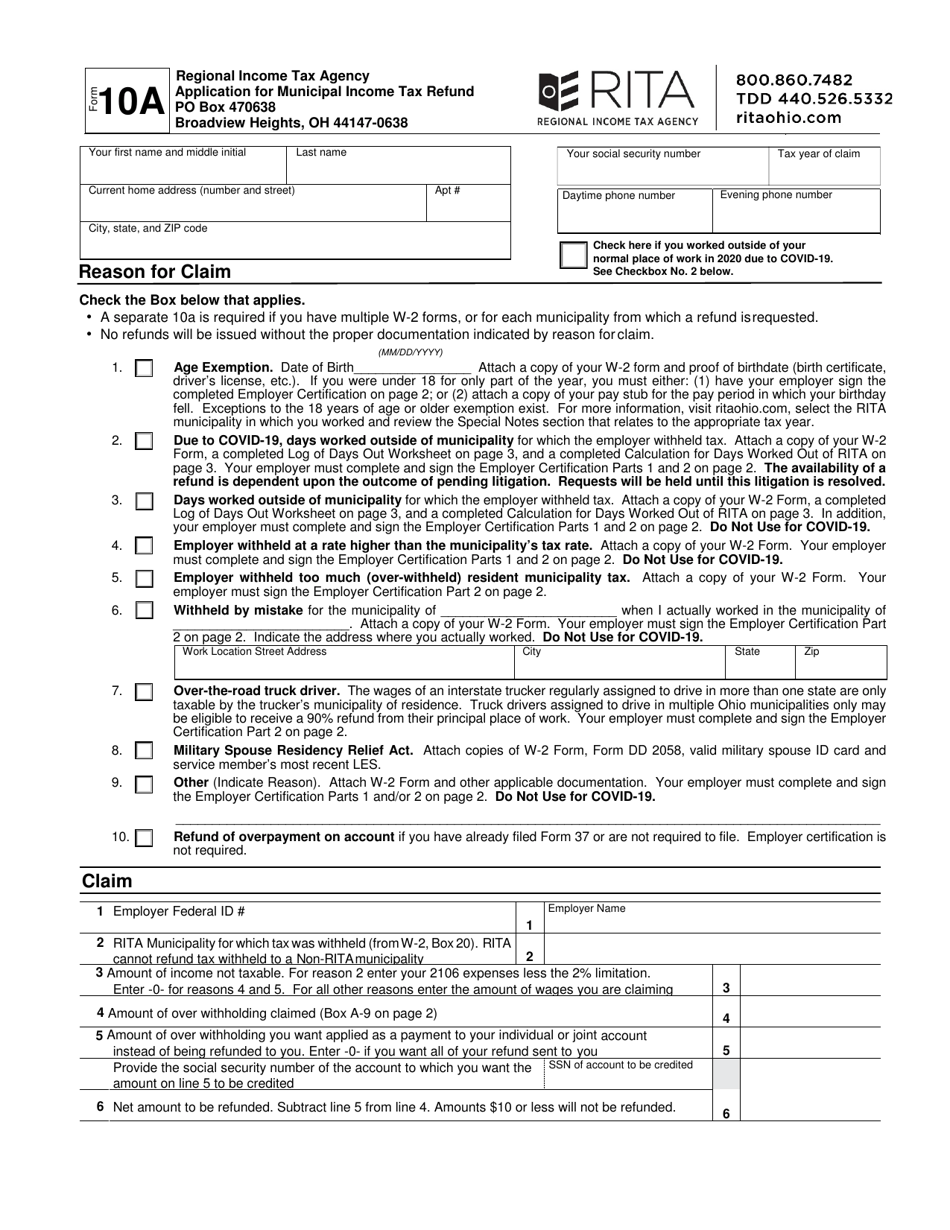 Form 10A Application for Municipal Income Tax Refund - Ohio, Page 2