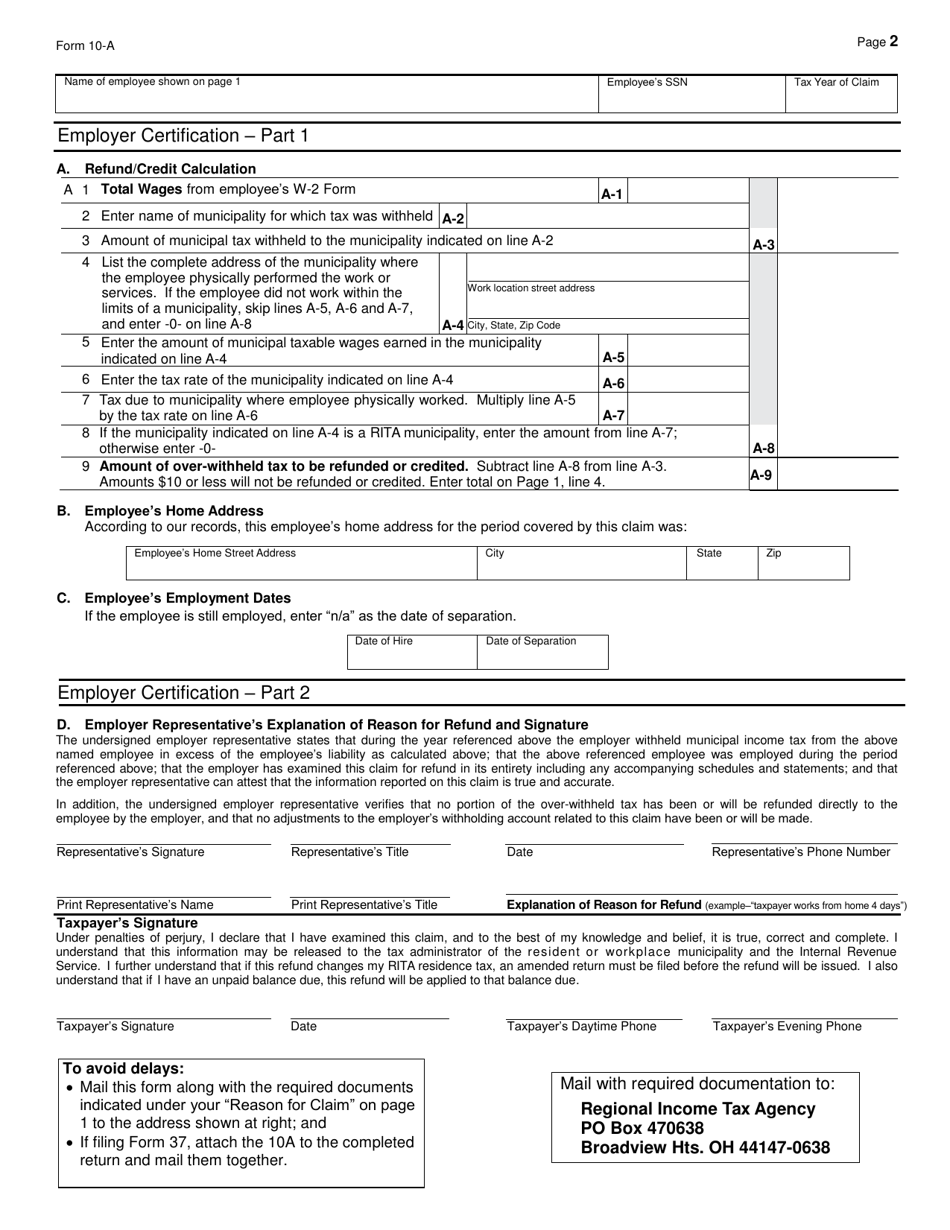 Form 10A Application for Municipal Income Tax Refund - Ohio, Page 3