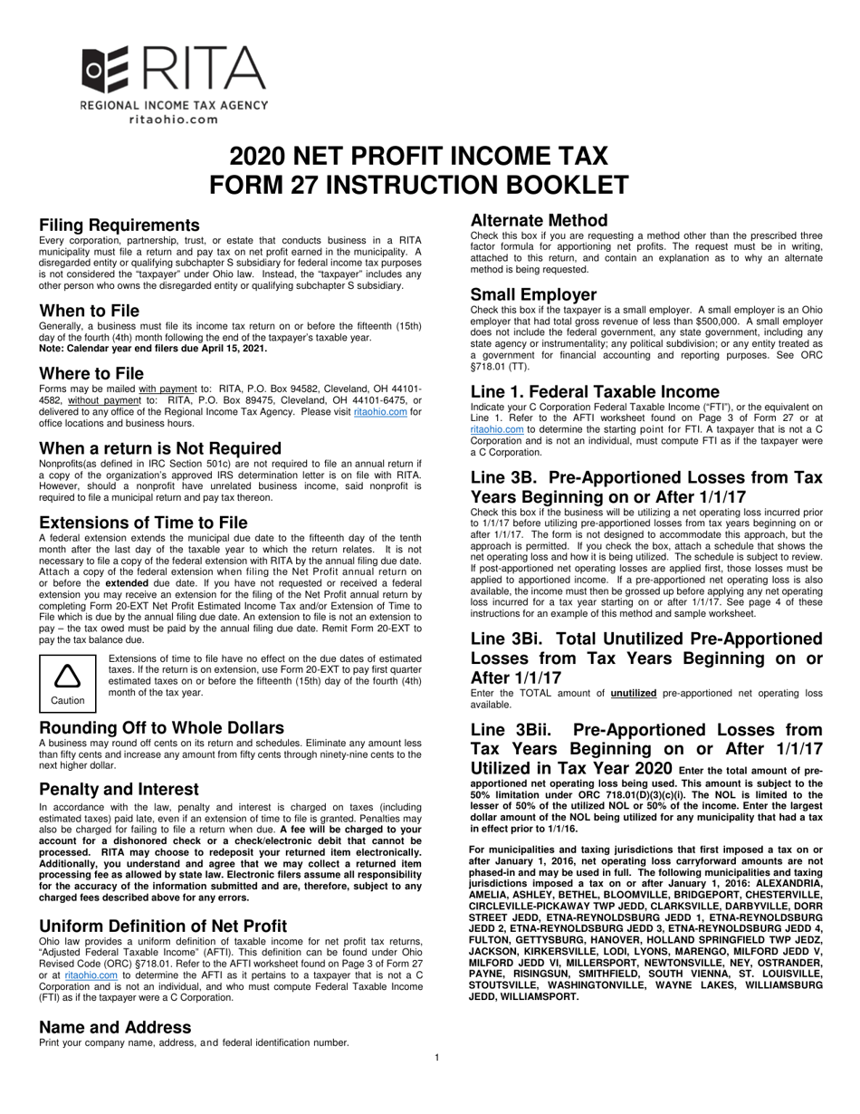 Instructions for Form 27 Rita Net Profit Tax Return - Ohio, Page 1