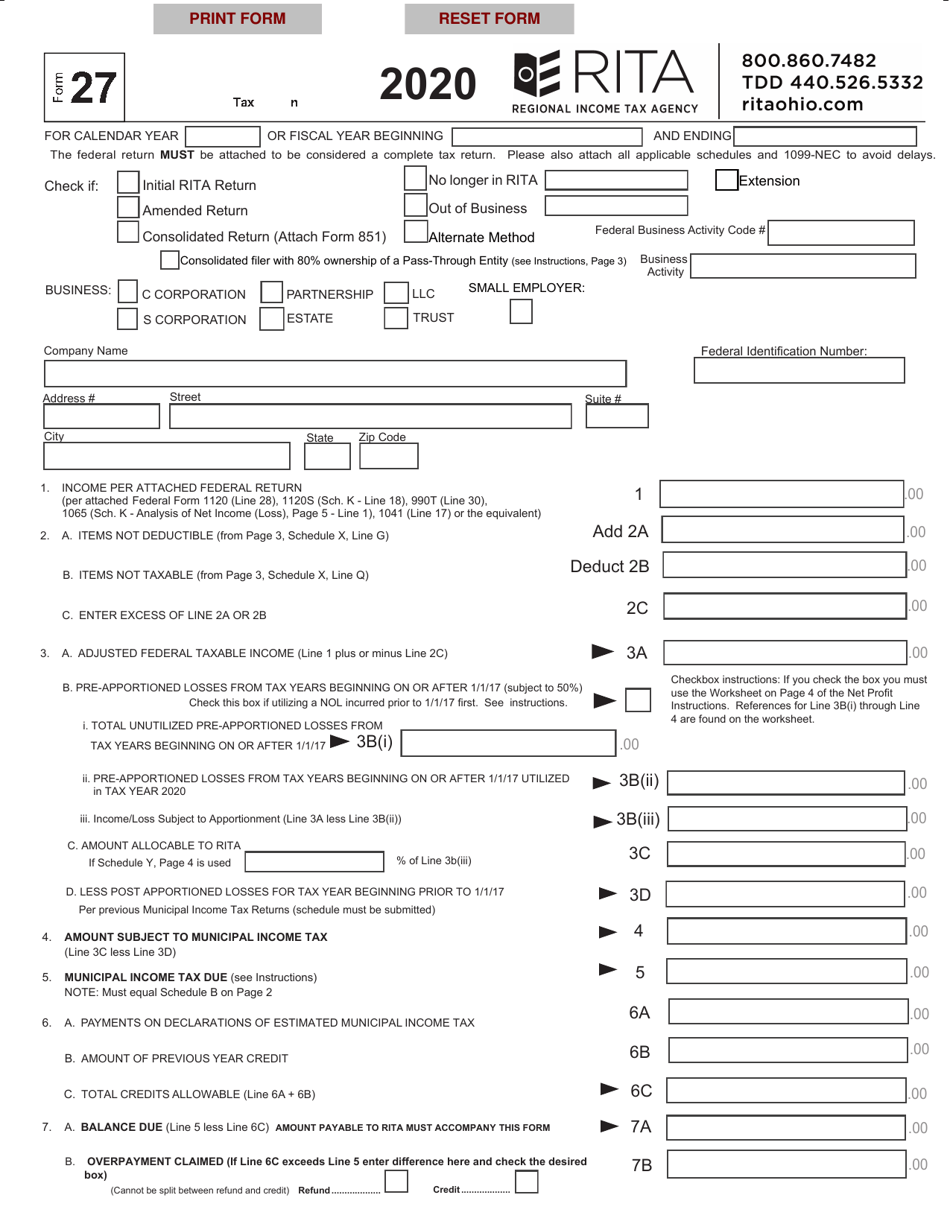 Form 27 Rita Net Profit Tax Return - Ohio, Page 1