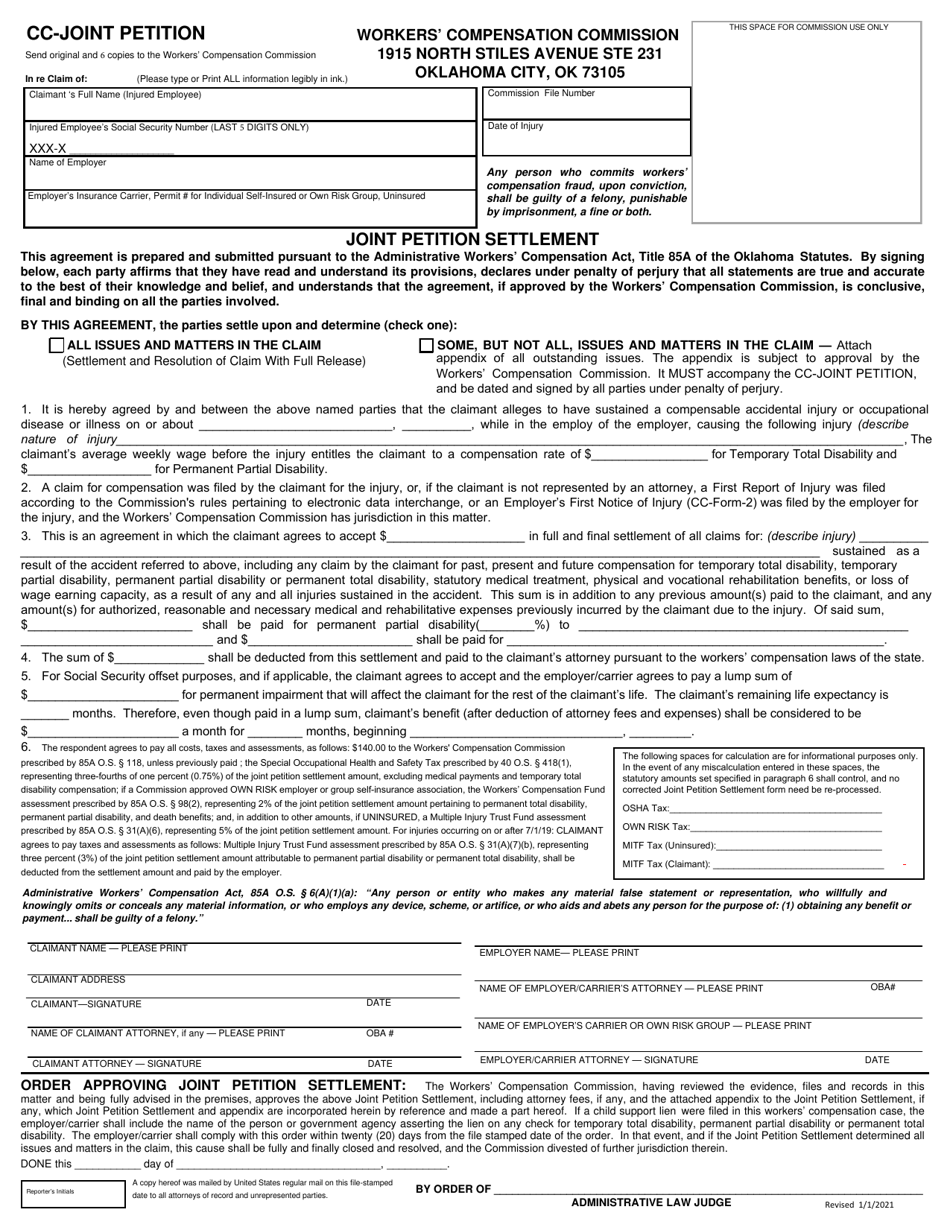 Form CC-JOINT PETITION Joint Petition Settlement - Oklahoma, Page 1