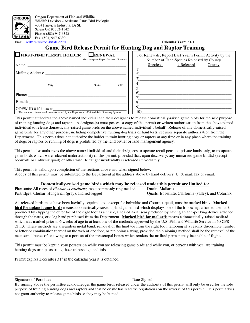 2021 Oregon Game Bird Release Permit for Hunting Dog and Raptor