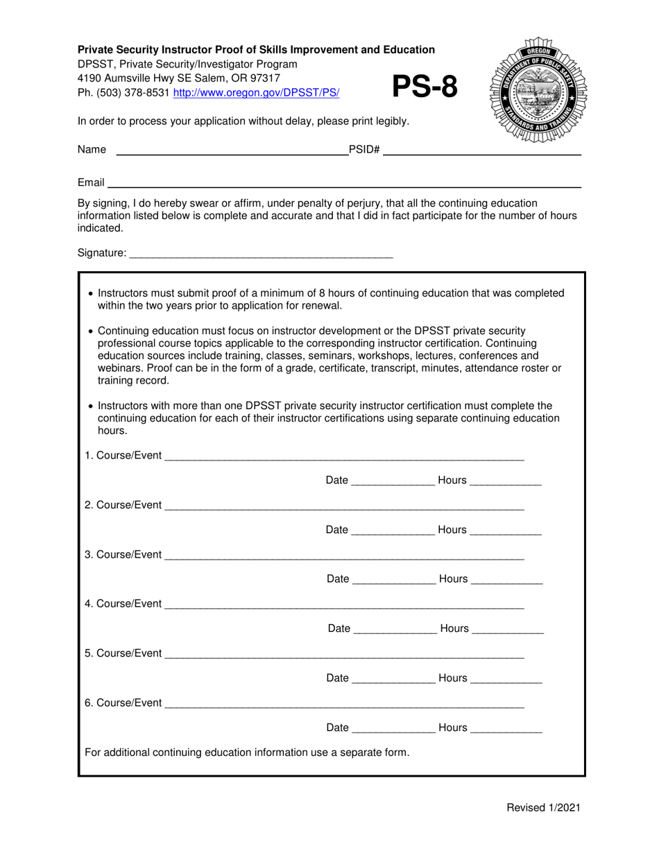 Form PS-8 Private Security Instructor Proof of Skills Improvement and Education - Oregon, Page 1