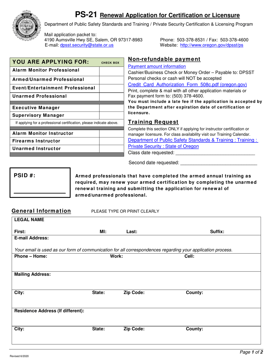 Form PS-21 Renewal Application for Certification or Licensure - Oregon, Page 1
