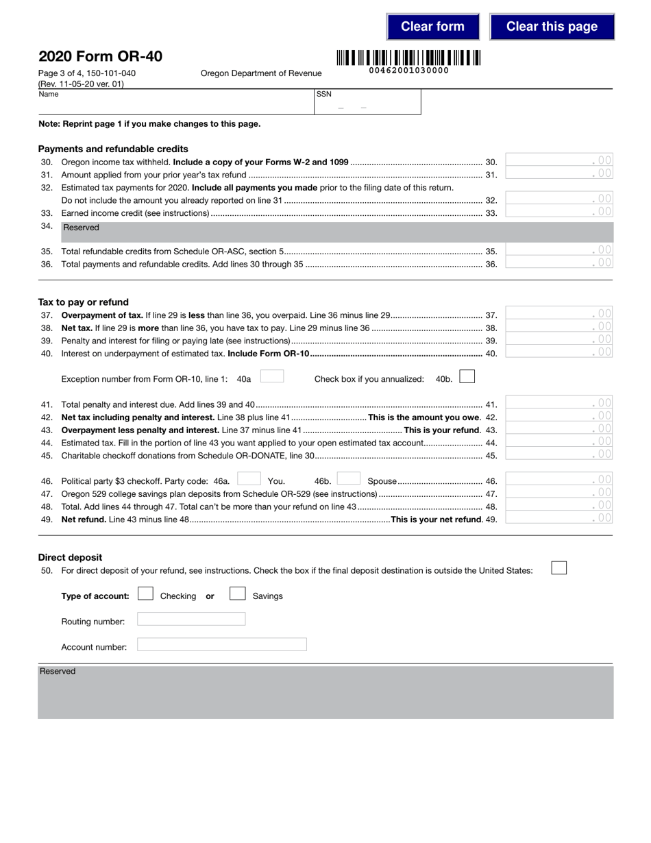 Form OR-40 (150-101-040) Oregon Individual Income Tax Return for Full-Year Residents - Oregon, Page 3