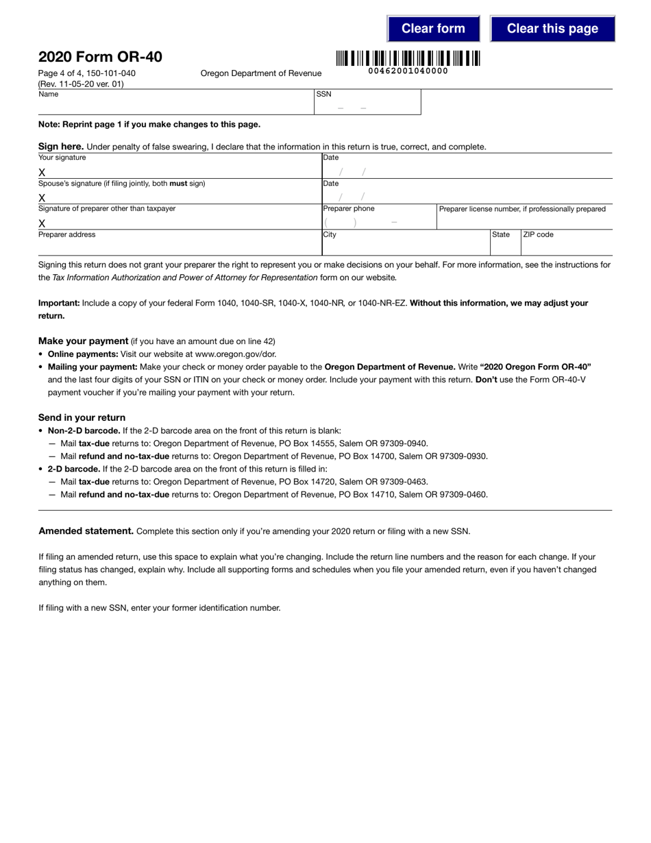 Form OR-40 (150-101-040) Oregon Individual Income Tax Return for Full-Year Residents - Oregon, Page 4