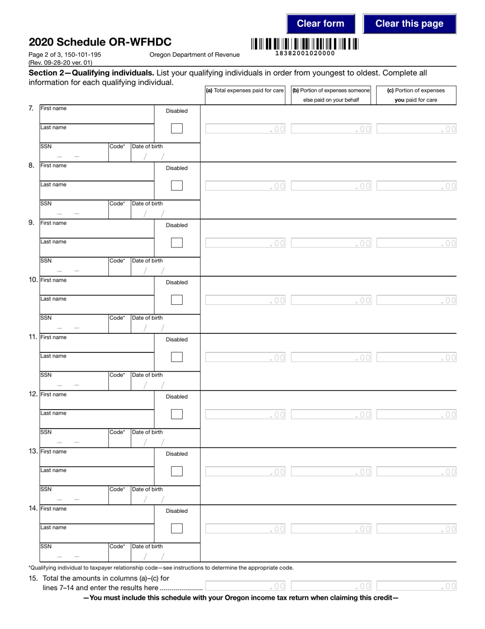Form 150-101-195 Schedule OR-WFHDC Oregon Working Family Household and Dependent Care Credit - Oregon, Page 2