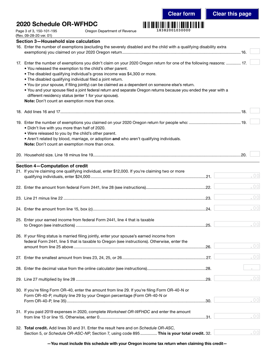 Form 150-101-195 Schedule OR-WFHDC Oregon Working Family Household and Dependent Care Credit - Oregon, Page 3