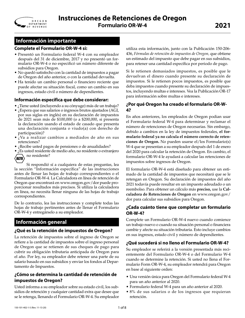 Instrucciones para Formulario OR-W-4, 150-101-402-5 Retenciones De Oregon - Oregon (Spanish), Page 1