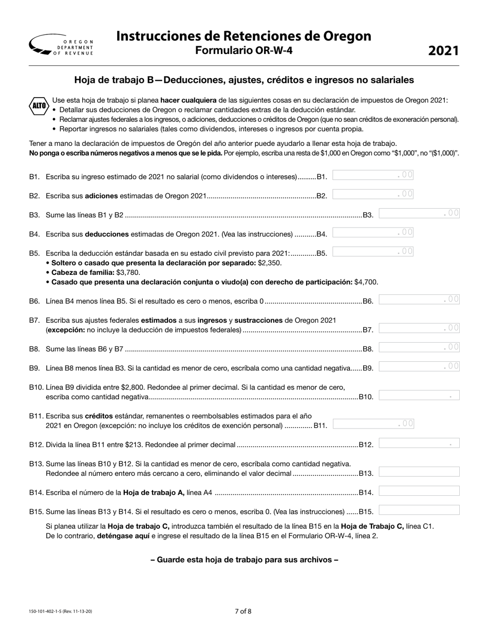 Instrucciones para Formulario OR-W-4, 150-101-402-5 Retenciones De Oregon - Oregon (Spanish), Page 7