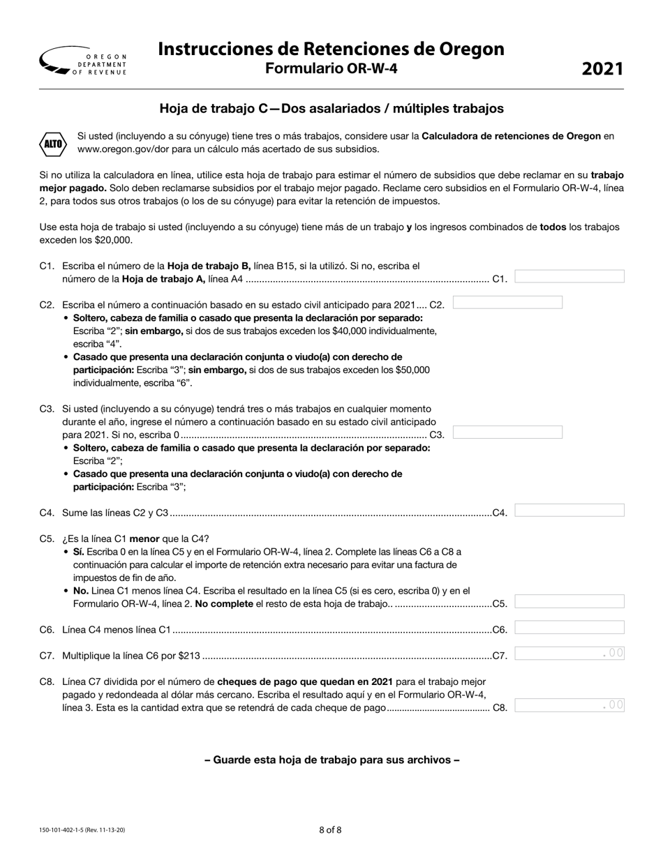 Instrucciones para Formulario OR-W-4, 150-101-402-5 Retenciones De Oregon - Oregon (Spanish), Page 8