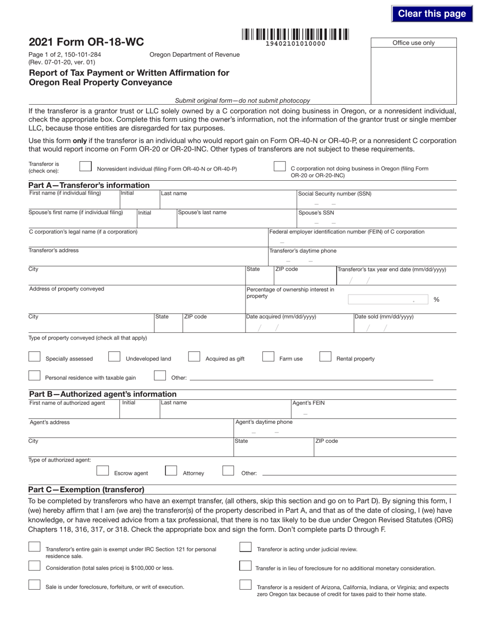 Form OR-18-WC (150-101-284) Report of Tax Payment or Written Affirmation for Oregon Real Property Conveyance - Oregon, Page 1