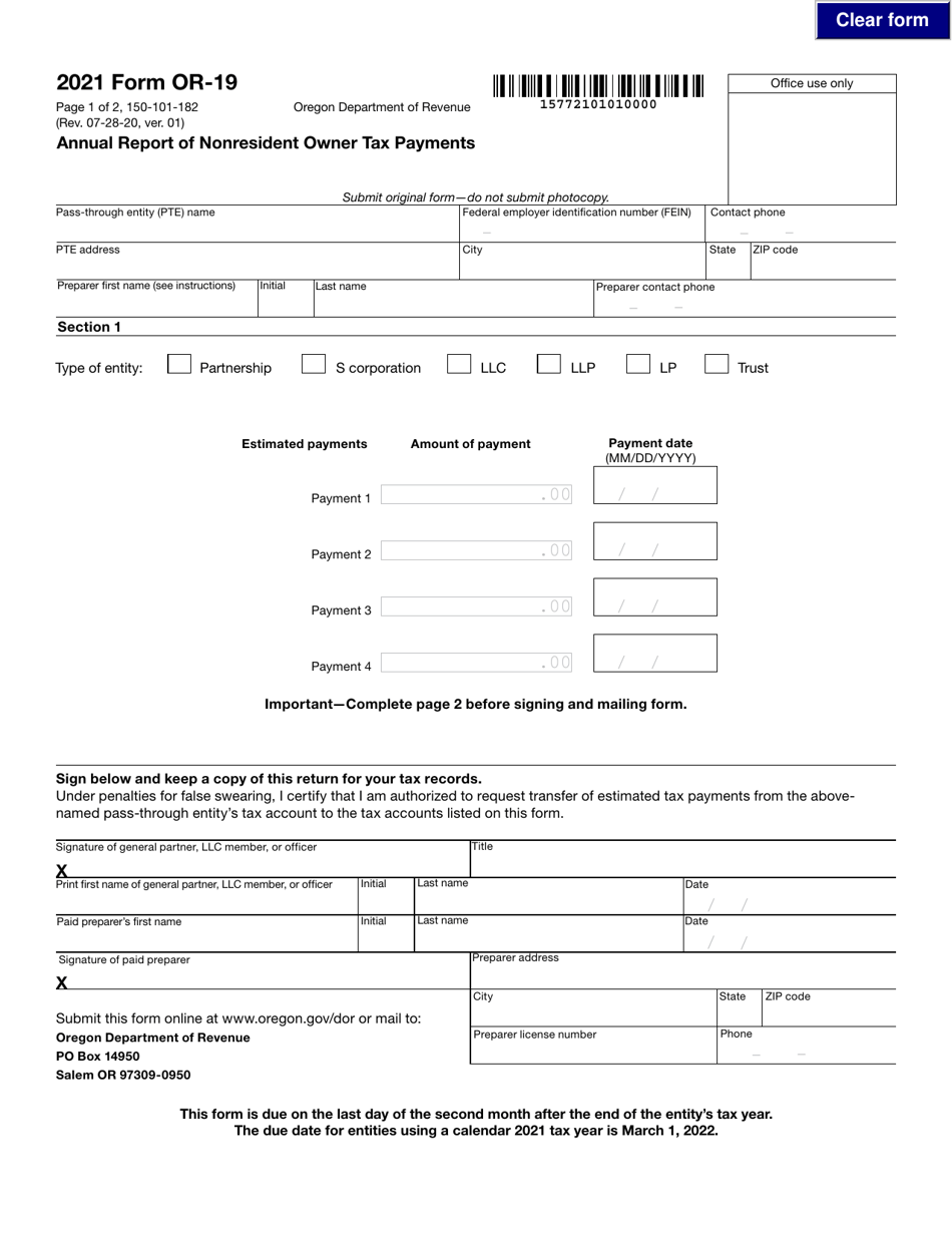 Form OR-19 (150-101-182) Annual Report of Nonresident Owner Tax Payments - Oregon, Page 1