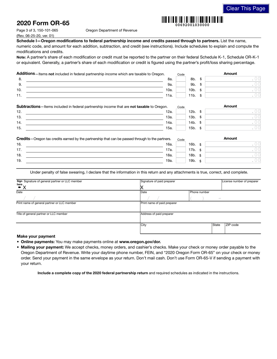 Form OR-65 (150-101-065) Oregon Partnership Return of Income - Oregon, Page 3