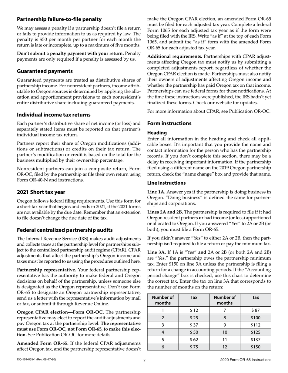 Instructions for Form OR-65, 150-101-065 Oregon Partnership Return of Income - Oregon, Page 2