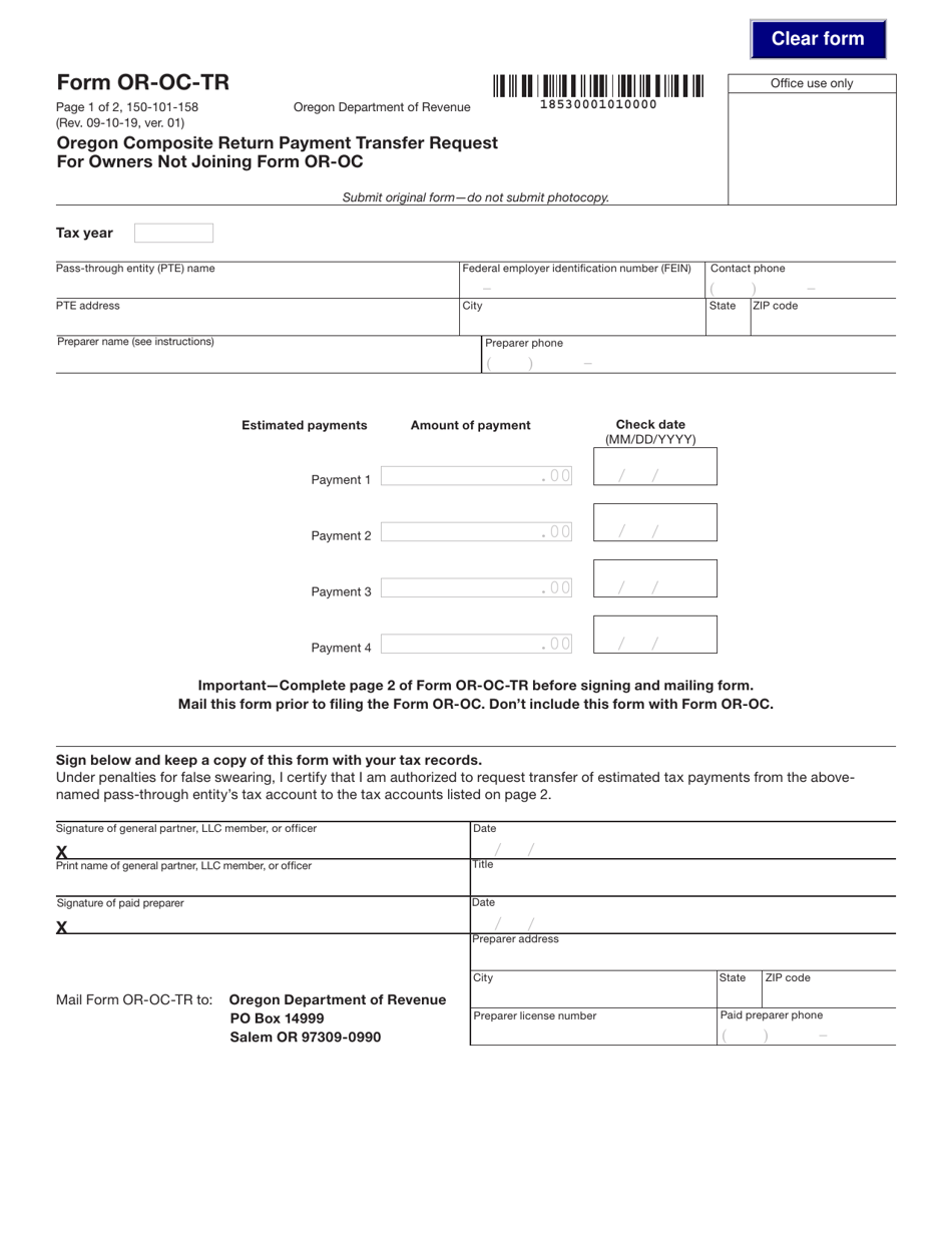 Form OR-OC-TR (150-101-158) Oregon Composite Return Payment Transfer Request for Owners Not Joining Form oroc - Oregon, Page 1